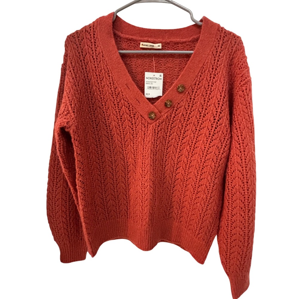Marine Layer Evelyn Mineral Red Alpaca Blend Pointelle V-Neck Sweater Womens XS